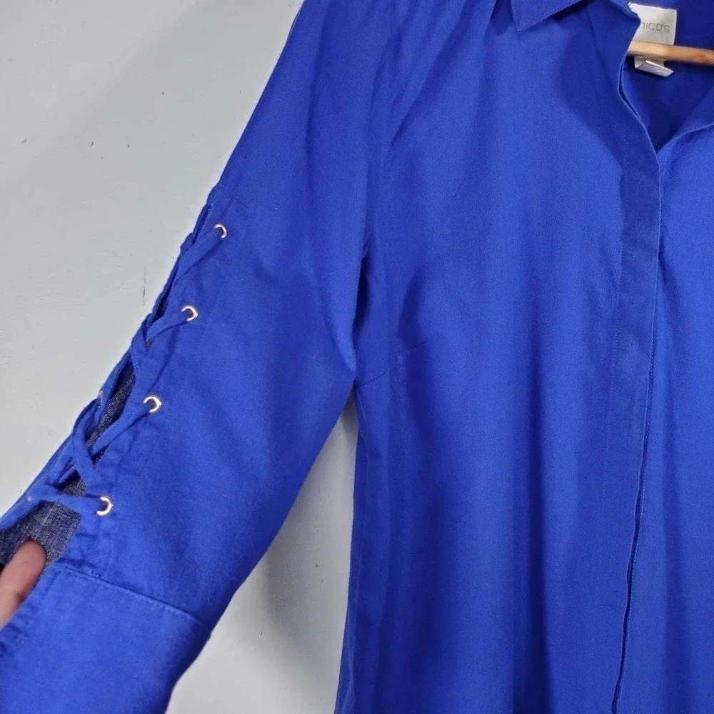Chico's Lace Up 3/4 Length Sleeve Button Up Collared Blouse Blue Size Small - Picture 2 of 10